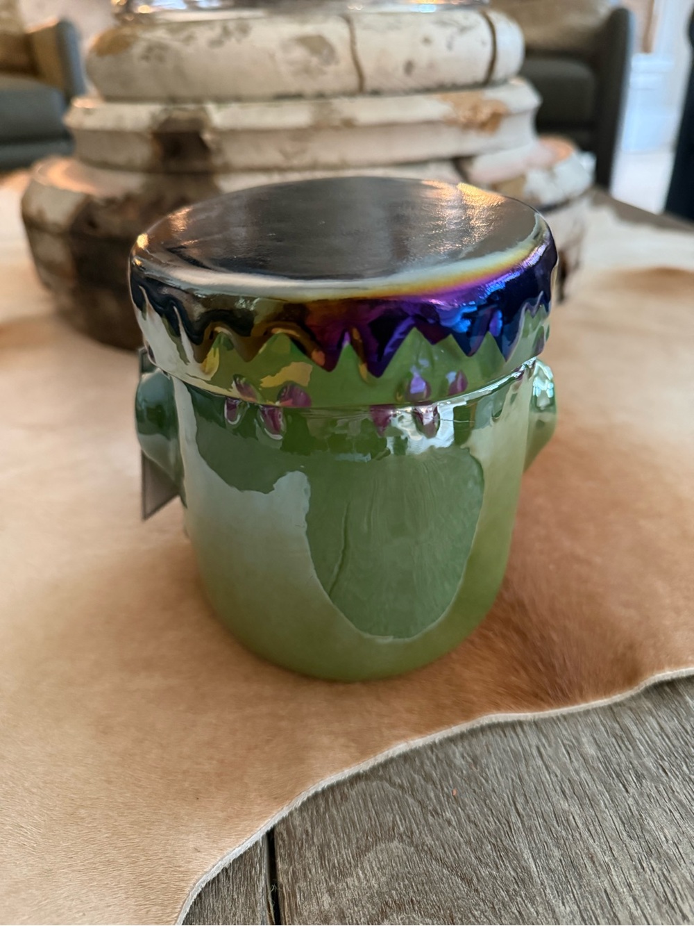 Brand NWT Martha Stewart Iridescent Green Frankenstein Face Candle Jar - Picture 4 of 13